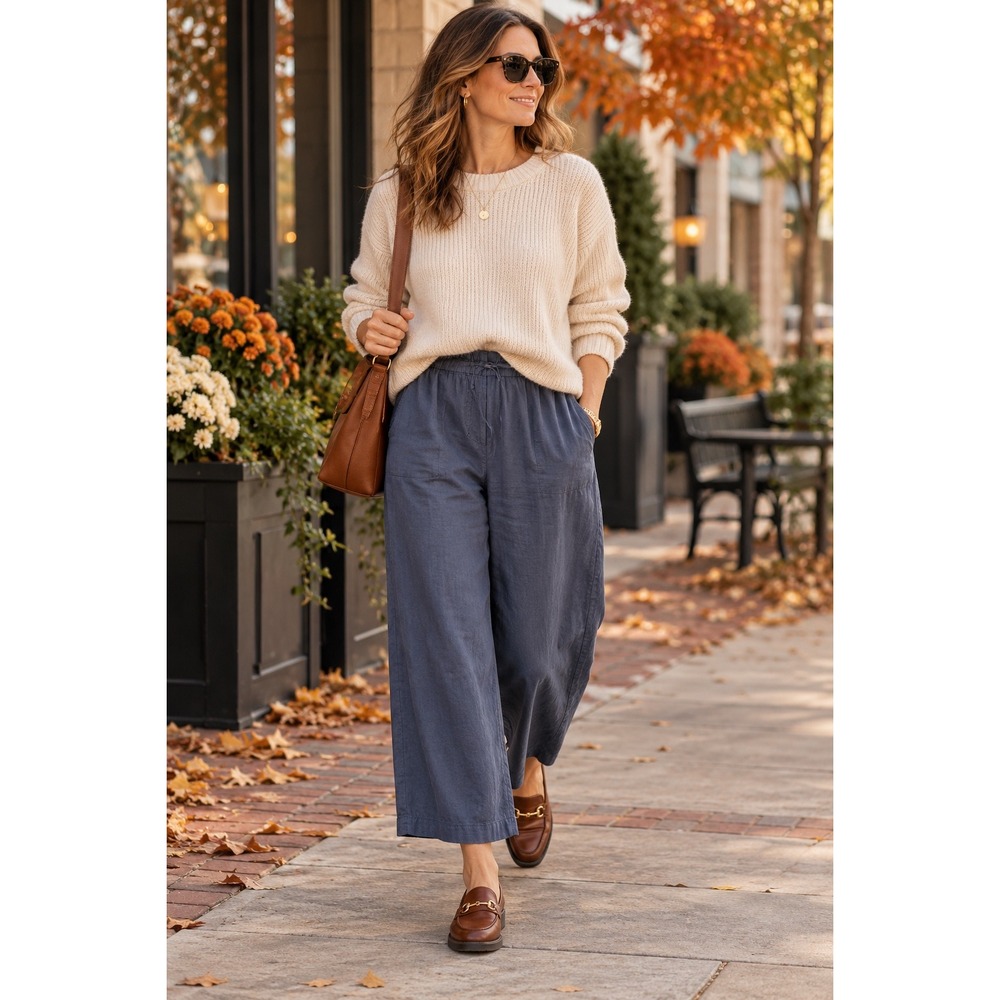 Farhi by Nicole Farhi Navy Blue Pure Linen Wide Leg Paperbag Pants XL 16/42